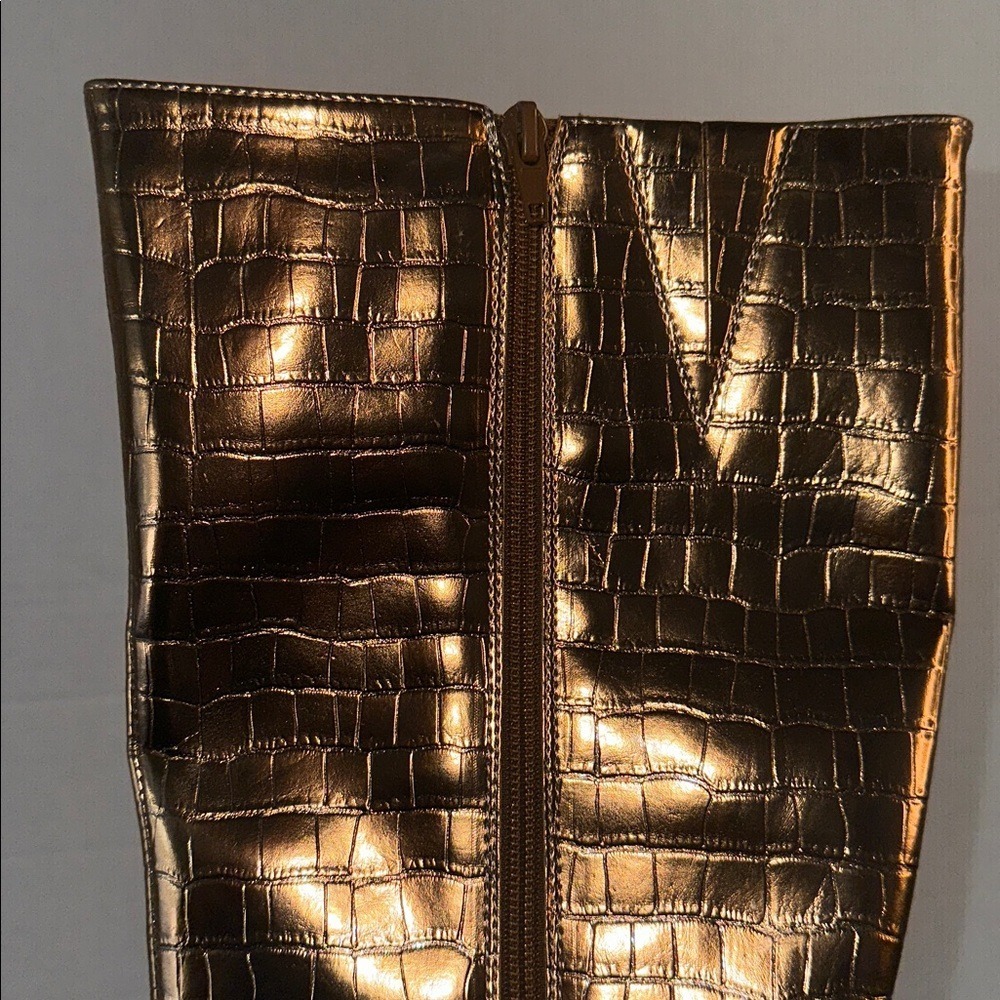 Gold Metallic Crocodile Embossed Platform Stiletto Heel Over The Knee Boots - Picture 4 of 9